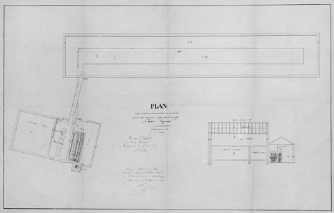 Plan dressé à l'appui d'une demande en autorisation d'établir divers appareils à vapeur dans le tissage de M. Winckler à Rougemont [plan et coupe longitudinale de la salle de la machine à vapeur]. © Région Bourgogne-Franche-Comté, Inventaire du patrimoine