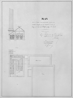 Plan dressé à l'appui d'une demande en autorisation d'ajouter des bouilleurs-réchauffeurs aux 2 chaudières à vapeur du tissage dit du Pont de M. Boigeol-Japy [coupe transversale et plan-masse de la salle des chaudières]. © Région Bourgogne-Franche-Comté, Inventaire du patrimoine