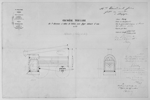 Chaudière tubulaire de 9 chevaux, à tubes de laiton, avec foyer entouré d'eau (F. Calla fils, Paris). © Région Bourgogne-Franche-Comté, Inventaire du patrimoine