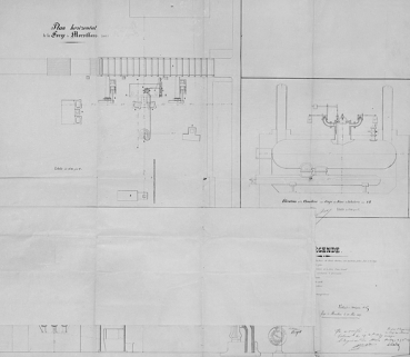 Plan horizontal de la forge de Morvillars (1857), élévation de la chaudière et coupe transversale. © Région Bourgogne-Franche-Comté, Inventaire du patrimoine Plan horizontal de la forge de Morvillars (1857), élévation de la chaudière et coupe transversale. © Région Bourgogne-Franche-Comté, Inventaire du patrimoine
