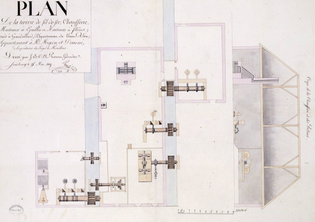 Plan de la tirerie de fil-de-fer, chaufferie, marteaux à épailler et martinets à filières [...] [coupe longitudinale et plan au sol]. © Région Bourgogne-Franche-Comté, Inventaire du patrimoine