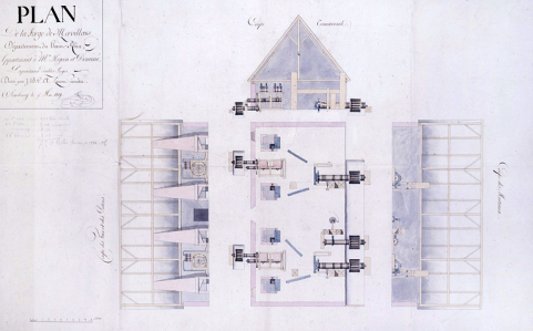 Plan de la forge de Morvillars [...]. Coupe des marteaux, coupe transversale, coupe des feux et des pistons. © Région Bourgogne-Franche-Comté, Inventaire du patrimoine