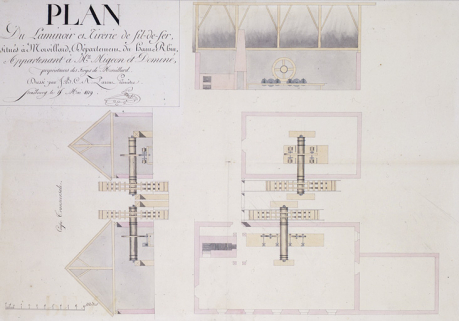 Plan du laminoir et tirerie de fil-de-fer [coupe longitudinale, coupe transversale et plan au sol]. © Région Bourgogne-Franche-Comté, Inventaire du patrimoine