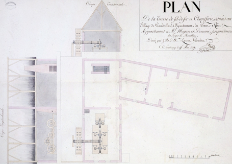 Plan de la tirerie de fil-de-fer et chaufferie [...] appartenant à Mrs Migeon et Dominé [coupe longitudinale, coupe transversale et plan au sol]. © Région Bourgogne-Franche-Comté, Inventaire du patrimoine