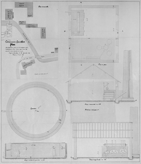 Commune de Grandvillars. Plan des dispositions prises par les soussignés pour l'établissement d'une usine à gaz [vue en plan, coupes transversale et longitudinale, coupe verticale et plan du gazomètre]. © Région Bourgogne-Franche-Comté, Inventaire du patrimoine