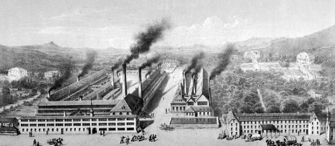 Usines Japy Frères et Cie. Beaucourt (chef-lieu). Fabrique d'Horlogerie (petit volume), Visserie, Quincaillerie, Serrurerie et Fonderie [vue cavalière]. © Région Bourgogne-Franche-Comté, Inventaire du patrimoine