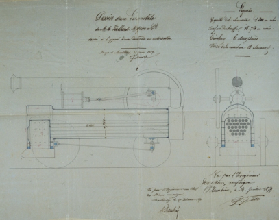 Dessin d'une locomobile de MM. Viellard-Migeon et Cie dressé à l'appui d'une demande en autorisation [coupes longitudinale et transversale]. © Région Bourgogne-Franche-Comté, Inventaire du patrimoine