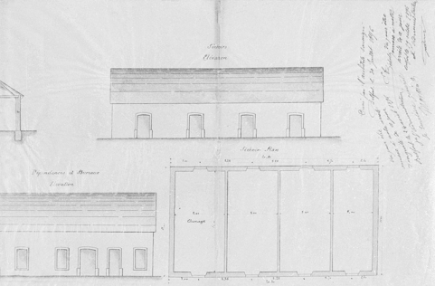 Jean Schmitt, industriel à Thann. Demande en autorisation d'établir une usine de teinture, blanchiment et impression sur écheveaux [plan et élévation des séchoirs]. © Région Bourgogne-Franche-Comté, Inventaire du patrimoine