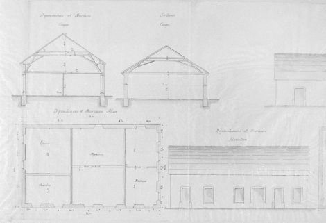 Jean Schmitt, industriel à Thann. Demande en autorisation d'établir une usine de teinture, blanchiment et impression sur écheveaux [plan, coupe et élévation des dépendances et bureaux]. © Région Bourgogne-Franche-Comté, Inventaire du patrimoine