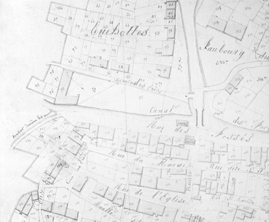 Grandvillard. Section E dite le village [plan-masse et de situation extrait du plan cadastral napoléonien]. © Région Bourgogne-Franche-Comté, Inventaire du patrimoine