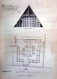 Plan et profil d'une partie du comble du corps de logis entre cour et jardin. © Région Bourgogne-Franche-Comté, Inventaire du patrimoine