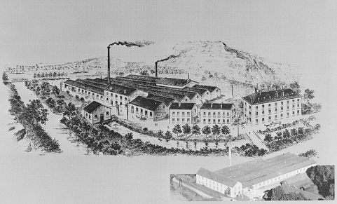 Détail d'une plaquette publicitaire. Vue cavalière de l'usine. © Région Bourgogne-Franche-Comté, Inventaire du patrimoine