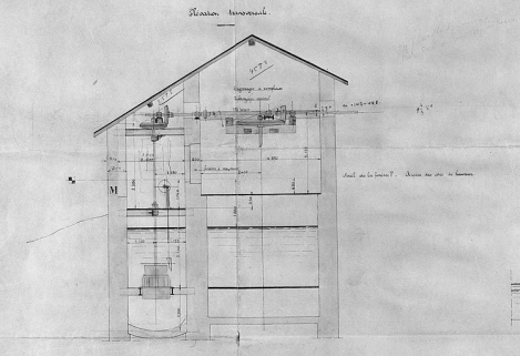 Projet d'installation d'une turbine Hercule-Progrès (Ets Singrün à Epinal), élévation transversale. © Région Bourgogne-Franche-Comté, Inventaire du patrimoine