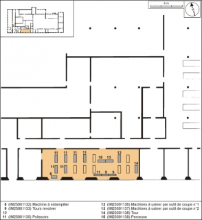Plan de localisation des machines de la ligne de fabrication commune aux pipes en bruyère et aux pipes en merisier. Atelier de finissage. © Région Bourgogne-Franche-Comté, Inventaire du patrimoine