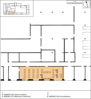 Plan de localisation des machines de la ligne de fabrication des têtes de pipe en bruyère. Atelier de finissage. © Région Bourgogne-Franche-Comté, Inventaire du patrimoine