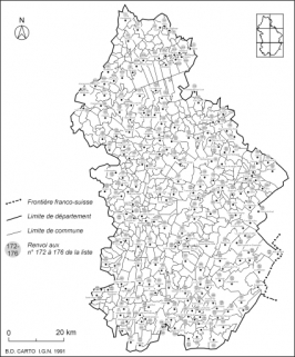 Carte de localisation des édifices industriels étudiés.Fonds de carte : BD carto IGN 1991. © Région Bourgogne-Franche-Comté, Inventaire du patrimoine