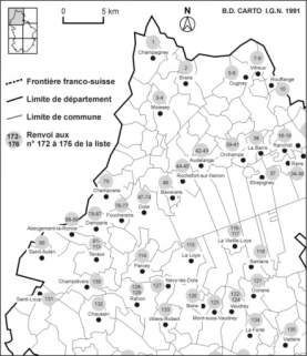 Carte de localisation des édifices industriels étudiés : partie nord-ouest.Fonds de carte : BD carto IGN 1991. © Région Bourgogne-Franche-Comté, Inventaire du patrimoine