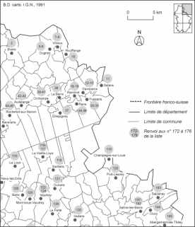 Carte de localisation des édifices industriels étudiés : partie nord-est.Fonds de carte : BD carto IGN 1991. © Région Bourgogne-Franche-Comté, Inventaire du patrimoine