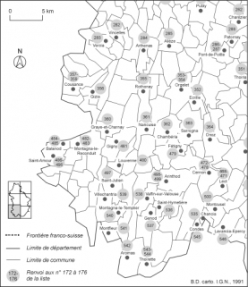 Carte de localisation des édifices industriels étudiés : partie sud-ouest.Fonds de carte : BD carto IGN 1991. © Région Bourgogne-Franche-Comté, Inventaire du patrimoine