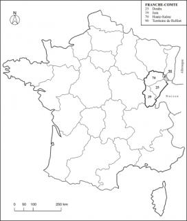Carte de localisation du département du Territoire de Belfort dans la région et le pays.Fonds de carte : BD carto IGN 1991. © Région Bourgogne-Franche-Comté, Inventaire du patrimoine