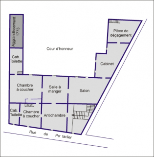 Croquis restituant la distribution intérieure du rez-de-chaussée au 18e siècle. © Région Bourgogne-Franche-Comté, Inventaire du patrimoine
