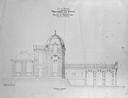 Ville de Besançon. Observatoire à la Bouloie. Bâtiment de l'équatorial coudé. Elévation latérale [variante de l'élévation ouest], 1883-1884. © Région Bourgogne-Franche-Comté, Inventaire du patrimoine