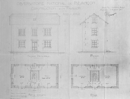 Observatoire national de Besançon. Construction d'un pavillon. Façade principale, Pignon, Rez-de-chaussée [et] Etage, 1940. © Région Bourgogne-Franche-Comté, Inventaire du patrimoine