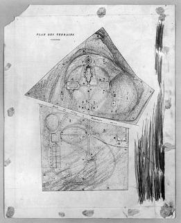 Plan des terrains [plan imprimé de 1892 surchargé du projet de transformation en parc boisé], 1903. © Région Bourgogne-Franche-Comté, Inventaire du patrimoine