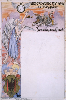 Le temps arrête le soleil à l'heure de se coucher (profil de l'observatoire) [projet de décor pour un bulletin de marche, 1ère classe d'épreuves], limite 19e siècle 20e siècle. © Région Bourgogne-Franche-Comté, Inventaire du patrimoine