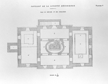 Pavillon de la lunette méridienne. Plan du sous-sol et des fondations, 1892. © Région Bourgogne-Franche-Comté, Inventaire du patrimoine Pavillon de la lunette méridienne. Plan du sous-sol et des fondations, 1892. © Région Bourgogne-Franche-Comté, Inventaire du patrimoine