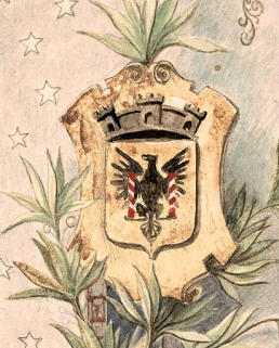 Nihil sub sole novum [rien de nouveau sous le soleil]. 1ère étude préliminaire [projet de décor pour un bulletin de marche, 1ère classe d'épreuves : détail des armoiries de Besançon], 1904. © Région Bourgogne-Franche-Comté, Inventaire du patrimoine