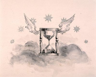 L'heure va passer, elle passe, elle est passée [projet de décor pour un bulletin de marche, 1ère classe d'épreuves : détail du cul de lampe], limite 19e siècle 20e siècle. © Région Bourgogne-Franche-Comté, Inventaire du patrimoine