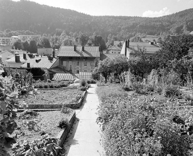 Vue d'ensemble du jardin, depuis l'est. La maison, au centre, est moins élevée que les deux bâtiments qui l'encadrent. © Région Bourgogne-Franche-Comté, Inventaire du patrimoine