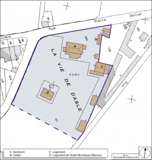 Plan-masse et de situation. Extrait du plan cadastral, 1979, section AM, 1:1000. © Région Bourgogne-Franche-Comté, Inventaire du patrimoine