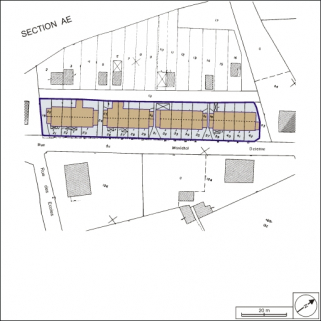 Plan-masse de la cité ouvrière rue du Maréchal Delattre de Tassigny. Extrait du plan cadastral, 1991, section AC, 1:500 réduit à 1:750. © Région Bourgogne-Franche-Comté, Inventaire du patrimoine Plan-masse de la cité ouvrière rue du Maréchal Delattre de Tassigny. Extrait du plan cadastral, 1991, section AC, 1:500 réduit à 1:750. © Région Bourgogne-Franche-Comté, Inventaire du patrimoine