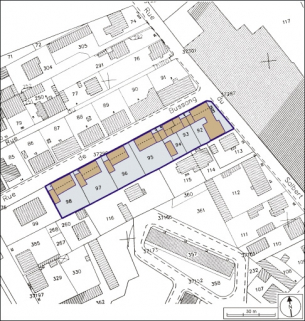 Plan-masse et de situation de la cité ouvrière. Extrait du plan cadastral, 2001, section AB, 1:1000. © Région Bourgogne-Franche-Comté, Inventaire du patrimoine