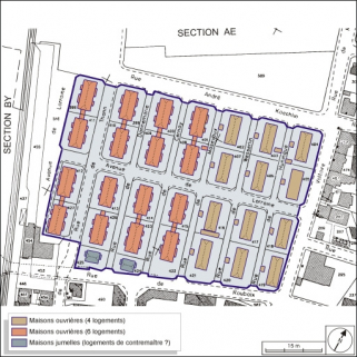 Plan-masse des logements ouvriers. Extrait du plan cadastral, 2001, section AH, 1:1000 réduit à 1:1500. © Région Bourgogne-Franche-Comté, Inventaire du patrimoine