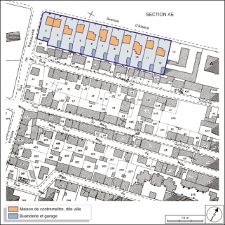 Plan-masse des logements de contremaître. Extrait du plan cadastral, 2001, section AH, 1:1000 réduit à 1:1500. © Région Bourgogne-Franche-Comté, Inventaire du patrimoine
