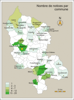 Nombre de notices architecture par commune. Fonds de carte : BD carto IGN 2000. © Région Bourgogne-Franche-Comté, Inventaire du patrimoine