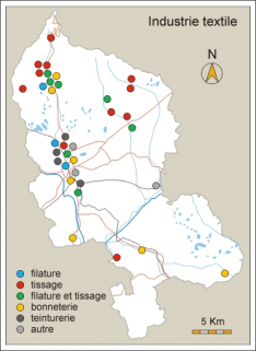 Industrie textile. Fonds de carte : BD carto IGN 2000. © Région Bourgogne-Franche-Comté, Inventaire du patrimoine