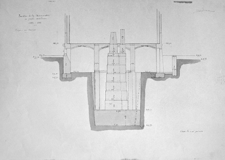 Pavillon de la chronométrie ou grande méridienne. Coupe en travers [au niveau du sous-sol], 1883-1884. © Région Bourgogne-Franche-Comté, Inventaire du patrimoine
