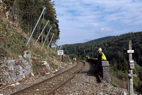Sécurisation de paroi rocheuse à Syam : système d'ancrage des filets de protection près de la voie. © Région Bourgogne-Franche-Comté, Inventaire du patrimoine Sécurisation de paroi rocheuse à Syam : système d'ancrage des filets de protection près de la voie. © Région Bourgogne-Franche-Comté, Inventaire du patrimoine
