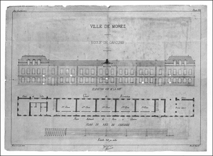Ville de Morez. Ecole de garçons. Elévation vue de la rue [et] Plan du rez-de-chaussée, 1893. © Région Bourgogne-Franche-Comté, Inventaire du patrimoine