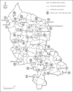 Carte de localisation des oeuvres étudiées [dans le cadre du Repérage du Patrimoine industriel].Fonds de carte : BD carto IGN 1991. © Région Bourgogne-Franche-Comté, Inventaire du patrimoine