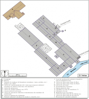 Plan-masse de l'usine. Extrait du plan cadastral, 2004, section AC, 1:1000 agrandi à 1:750. © Région Bourgogne-Franche-Comté, Inventaire du patrimoine Plan-masse de l'usine. Extrait du plan cadastral, 2004, section AC, 1:1000 agrandi à 1:750. © Région Bourgogne-Franche-Comté, Inventaire du patrimoine