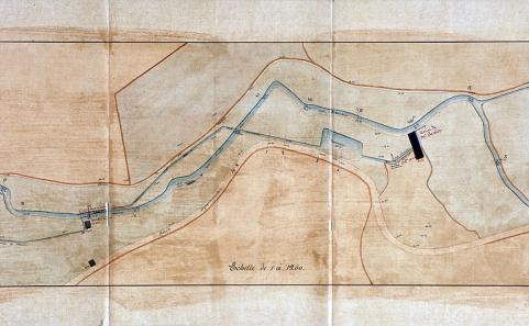 Projet de règlement de l'usine à faulx de Corravillers au sieur Clément Paxion. Plan des lieux. © Région Bourgogne-Franche-Comté, Inventaire du patrimoine Projet de règlement de l'usine à faulx de Corravillers au sieur Clément Paxion. Plan des lieux. © Région Bourgogne-Franche-Comté, Inventaire du patrimoine