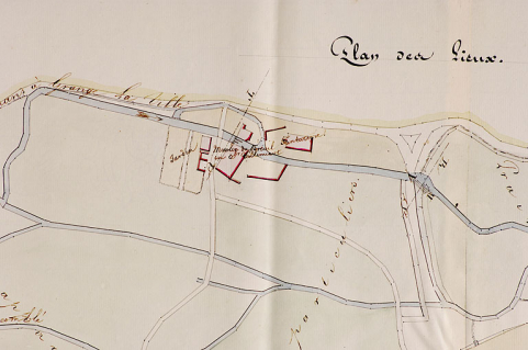 Plainte du sieur Vuilleminot, maire et meunier à Granges le Ville, contre le moulin de Veuve Viron [plan de situation]. © Région Bourgogne-Franche-Comté, Inventaire du patrimoine