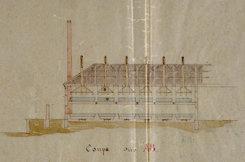 Saline de Melcey et Fallon. Plan général [...] [coupe longitudinale de la salle des poêles]. © Région Bourgogne-Franche-Comté, Inventaire du patrimoine