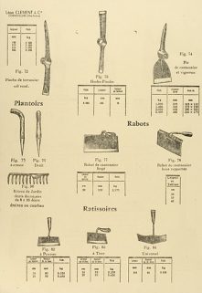Outils vendus par la société dans les années 1960 : plantoirs, rabots, ratissoires. © Région Bourgogne-Franche-Comté, Inventaire du patrimoine Outils vendus par la société dans les années 1960 : plantoirs, rabots, ratissoires. © Région Bourgogne-Franche-Comté, Inventaire du patrimoine
