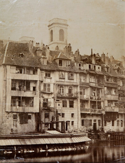 [Barque lavandière et façade sur l'eau des maison du quartier Battant avant la construction du quai Veil-Picard], milieu 19e siècle. © Région Bourgogne-Franche-Comté, Inventaire du patrimoine